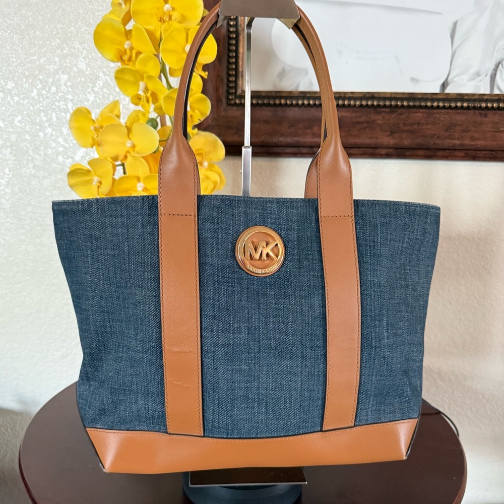 Euc Michael Kors Denim Blue and Tan Tote. Rubbing on corners